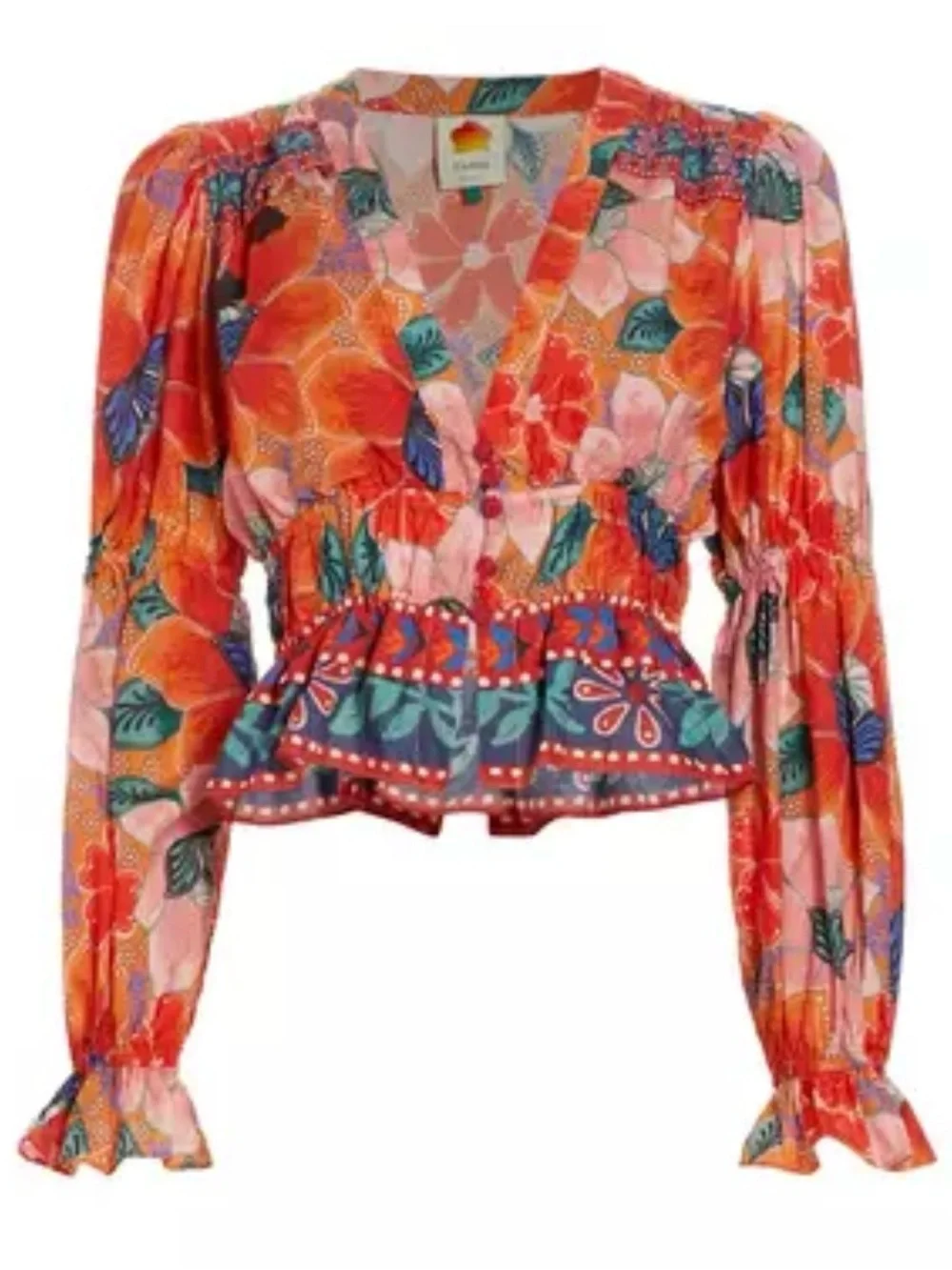 FARM Rio Marias Floral Plunge Neck Peplum Long Sleeve Top Size Medium